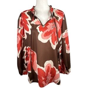 Boho Vacation Summer Flowy V-Neck Oversized Long Sleeve Top Size Medium